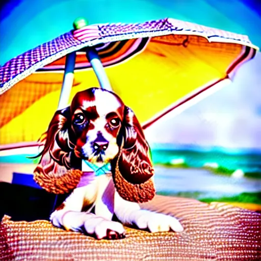 Image similar to cute brown spaniel by the seaside, parasols, bright towels, Coco Dávez style