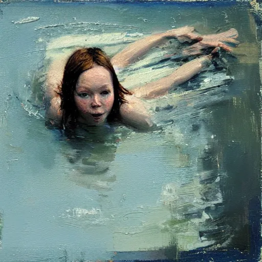 Image similar to Young Sissy Spacek swimming by Jeremy Mann, stylized, detailed, realistic, one inch thick, heavy impasto,loose brush strokes, simple, wholesome, earthy tones, touch of gold leaf