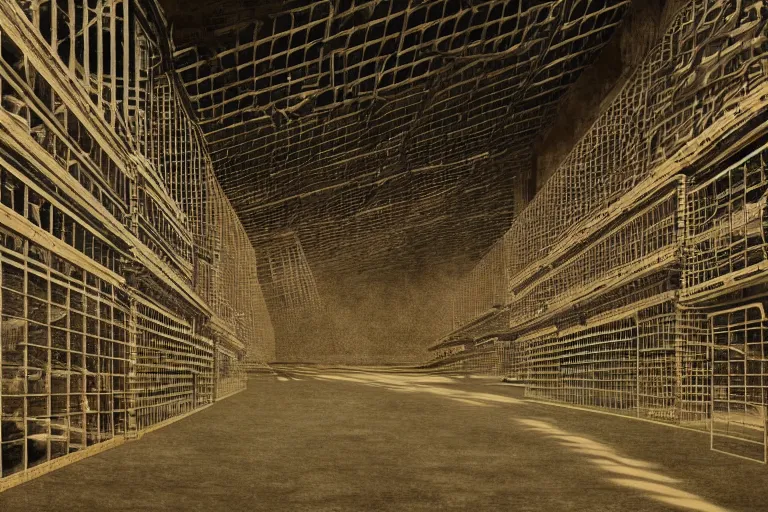 Image similar to very empty very dark cargo hall and large corridors of huge huge space ship containing rows of cages with strange animals ultra detailed photorealistic rendering chiaroscuro painting