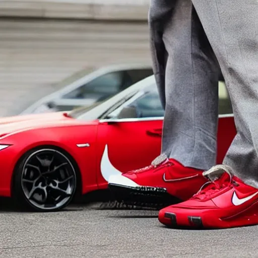 Prompt: luxury cars with their tires replaced by human legs wearing red nike shoes