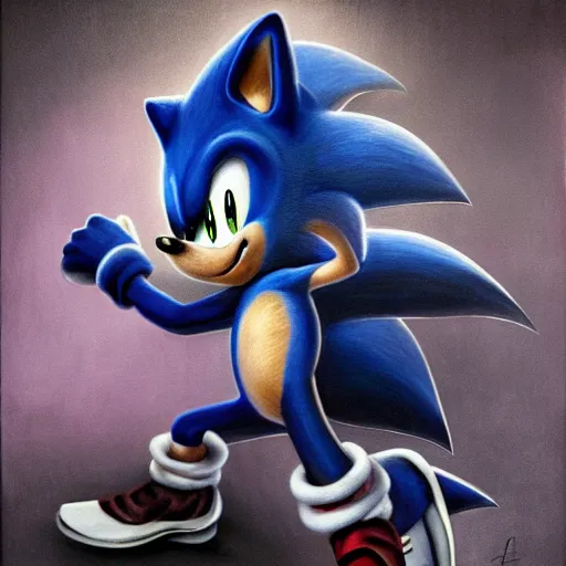 Image similar to a striking hyper real painting of Sonic the hedgehog , dark, metal, occult, by Glyn Smyth