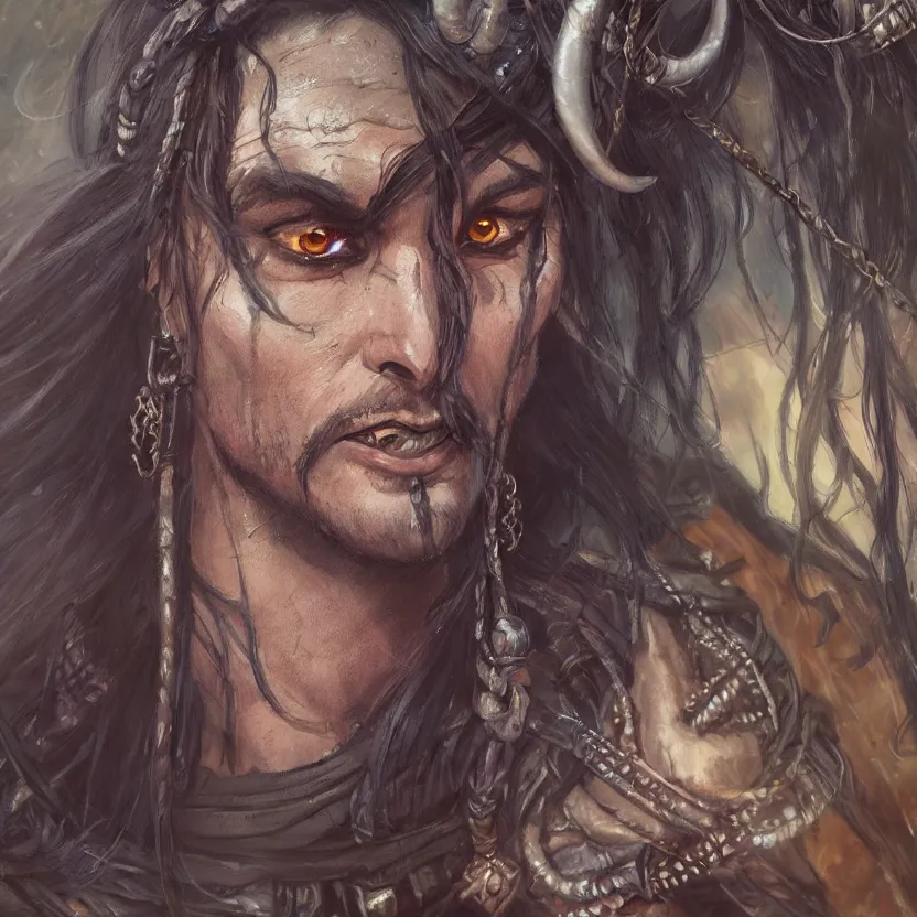 Prompt: an close up oil drawing of a gipsy tiefling in style of witcher, a character portrait by muggur, disco elysium character, featured on deviantart, fantasy art, concept art, official art, hd mod