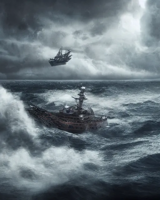 Image similar to establishing shot of a fishing boat on stormy seas, a gigantic star destroyer spaceship in the storm clouds flying overhead, stormy weather, dramatic lighting, unreal engine, hyper realism, realistic shading, cinematic composition, realistic render, octane render, detailed textures, photorealistic, ultrawide shot, 16mm lens