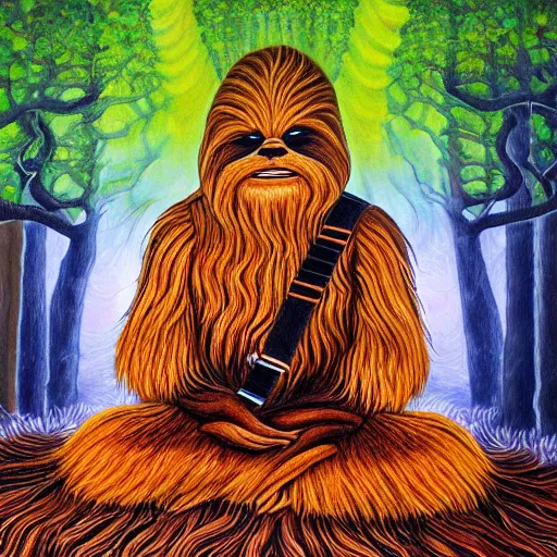 Prompt: A painting of chewbacca meditating under a tree designed by flooko, alex grey, etheral, vibrant, forest, detailed, glows,