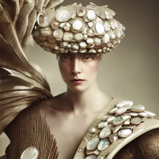 Prompt: medium shot of a woman wearing an armor made of shimmering mother of pearl shells. coherent face. soft. fragile. by ray caesar. by louise dahl - wolfe. by anna claren. surreal photography