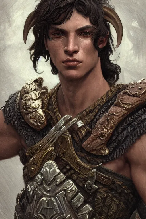 Prompt: close up painting of a young man satyr warrior character design from the elder scrolls v : skyrim, decorated, intricate, elegant, highly detailed, digital painting, artstation, concept art, smooth, sharp focus, illustration, art by artgerm and greg rutkowski and alphonse mucha, 8 k