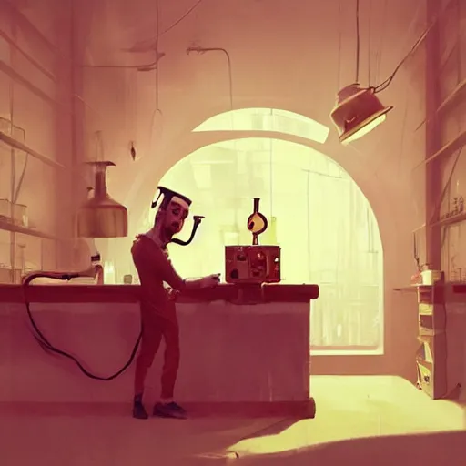 Image similar to the mad scientist at his lab, artwork by Sergey Kolesov