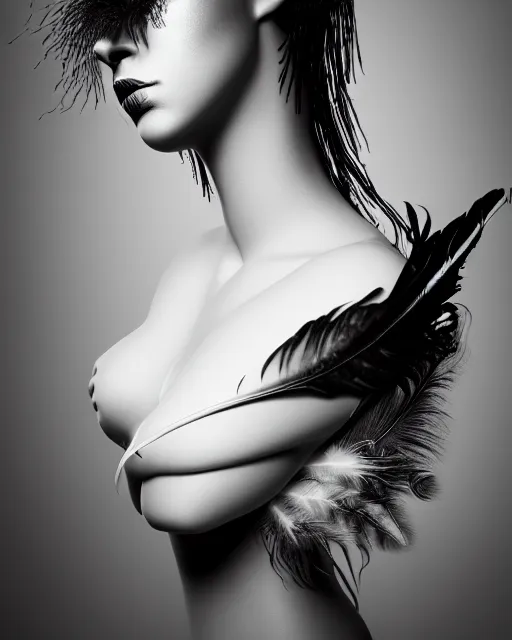 Image similar to surreal mythical dreamy dark artistic black and white fine art photo of a young delicate female - orchid - bird - cyborg bust with feather hair, rim light, cinematic, studio dramatic light, poetic, octane render, 8 k, photo - realistic