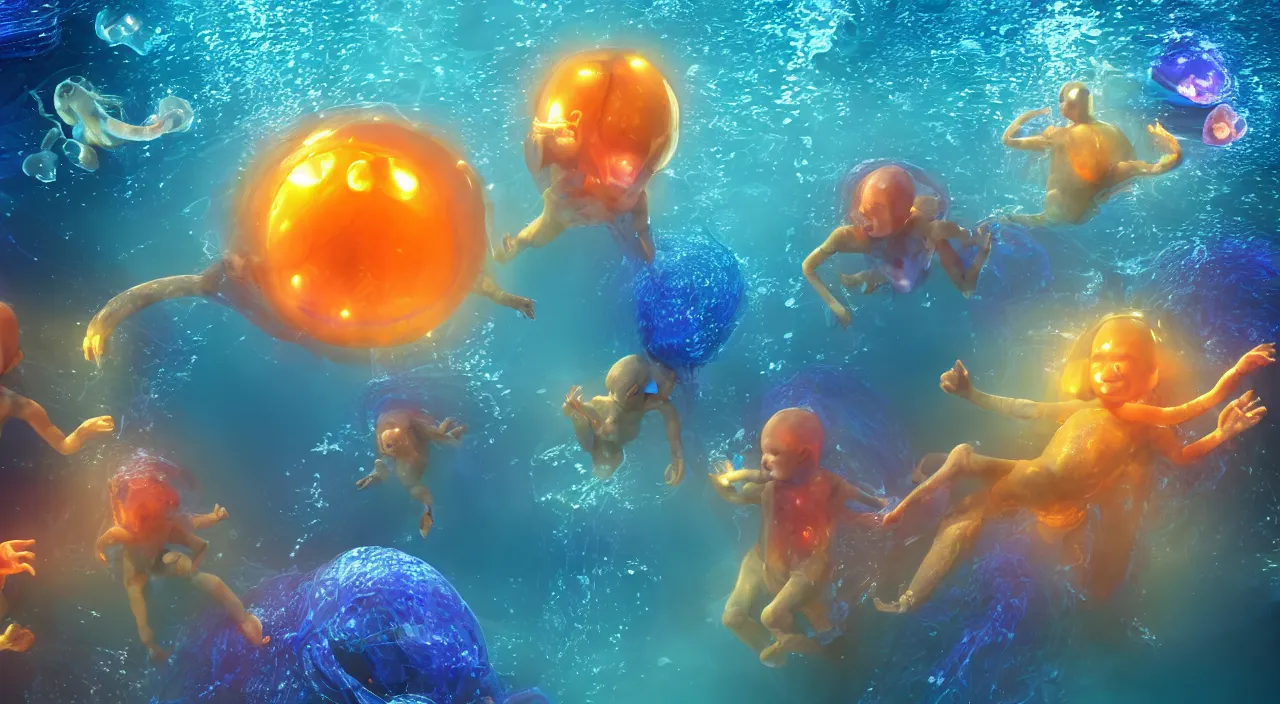 Prompt: three bio mechanical alien humanoid babies swimming underwater among glowing fish and jellyfish, 4 k post - processing highly detailed, 3 d render, modern photography