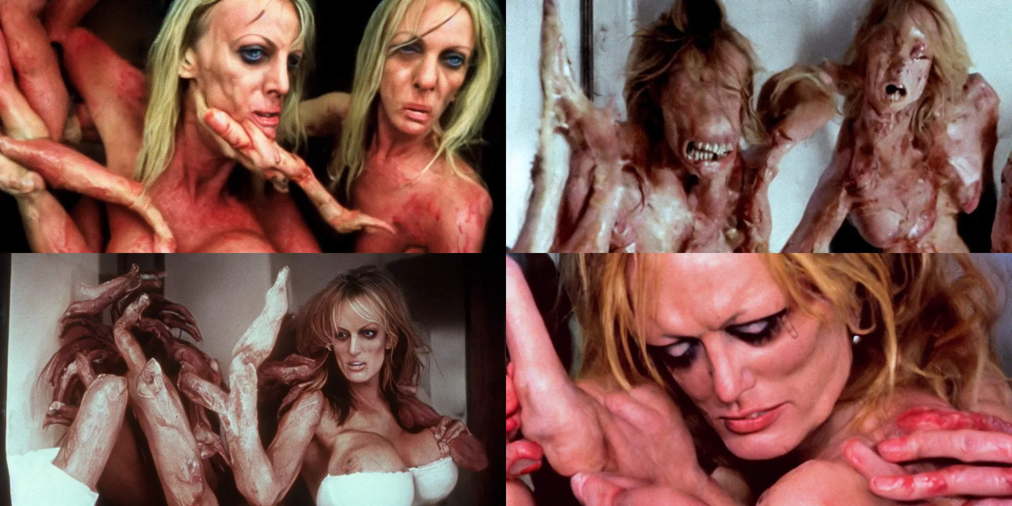 Prompt: stormy daniels body horror directed by david cronenberg, limb mutations, swollen veins, red flesh strings, cinestill 8 0 0 t, 1 9 8 0 s movie still, film grain