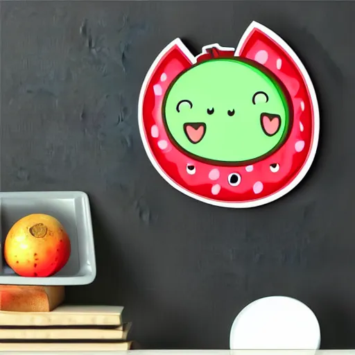 Image similar to cartoon diecut sticker of cute kawaii watermellon slice with white border and light gray background