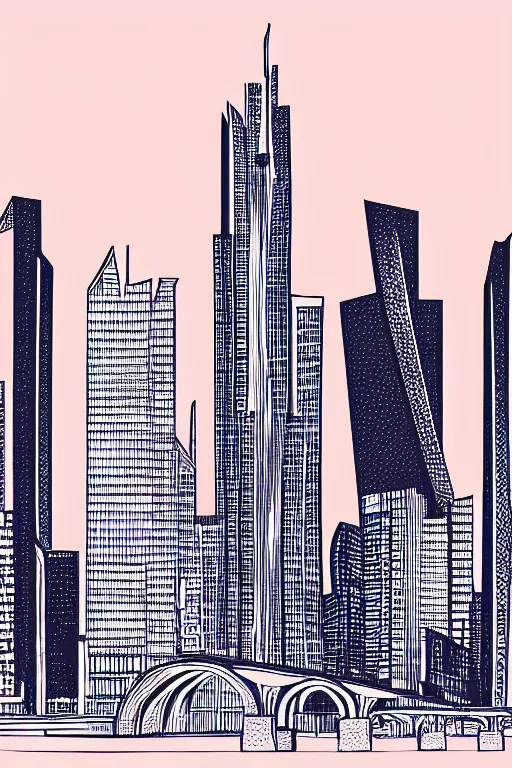 Image similar to frankfurt skyline, illustration, in the style of katinka reinke