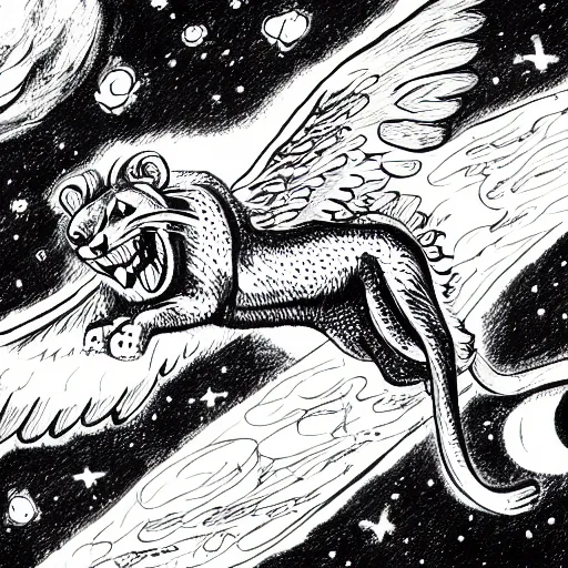 Prompt: angelic lioness flying in outer space, wide angel, black and white ink on paper, thick outlines, 8k high quality detailed art, trending on art station, manga art, by Eiichiro Oda