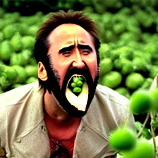 Image similar to nicolas cage screaming with a mouth full of peas, movie still, the wicker man