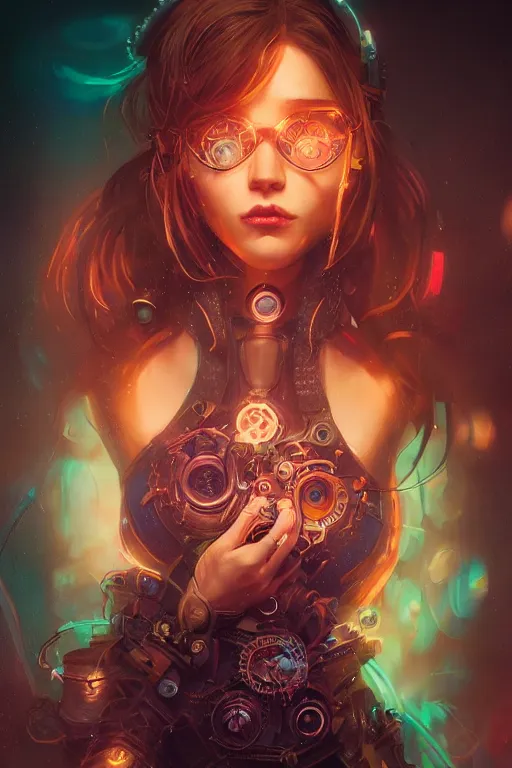 Image similar to portrait of a psychedelic steampunk girl with biotechnical parts and neon light by Artgerm and Greg Rutkowski , digital painting, highly detailed, trending on artstation