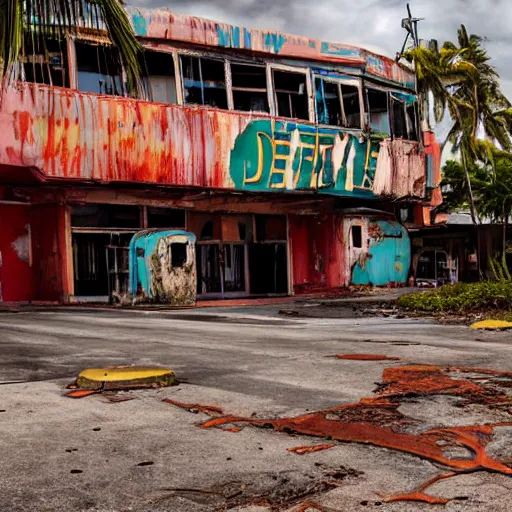 Image similar to low wide angle shot of dilapidated fallout 5 miami, tropical coastal city, desolate, dilapidated neon signs, few rusted retro futuristic vintage parked vehicles like cars, buses, trucks, trams, sunny weather, few clouds, volumetric lighting, photorealistic, daytime, spring, sharp focus, ultra detailed, 4 0 0 0 k