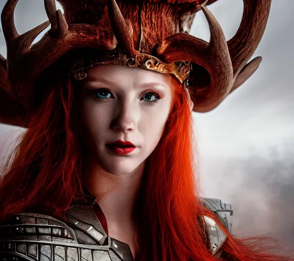 Image similar to a portrait photo of an armored woman warrior redhead with antlers sitting on the edge of a giant red cap mushroom that covers a whole town and reaches above the clouds by luis royo. intricate. lifelike. soft light. sony a 7 r iv 5 5 mm. cinematic post - processing