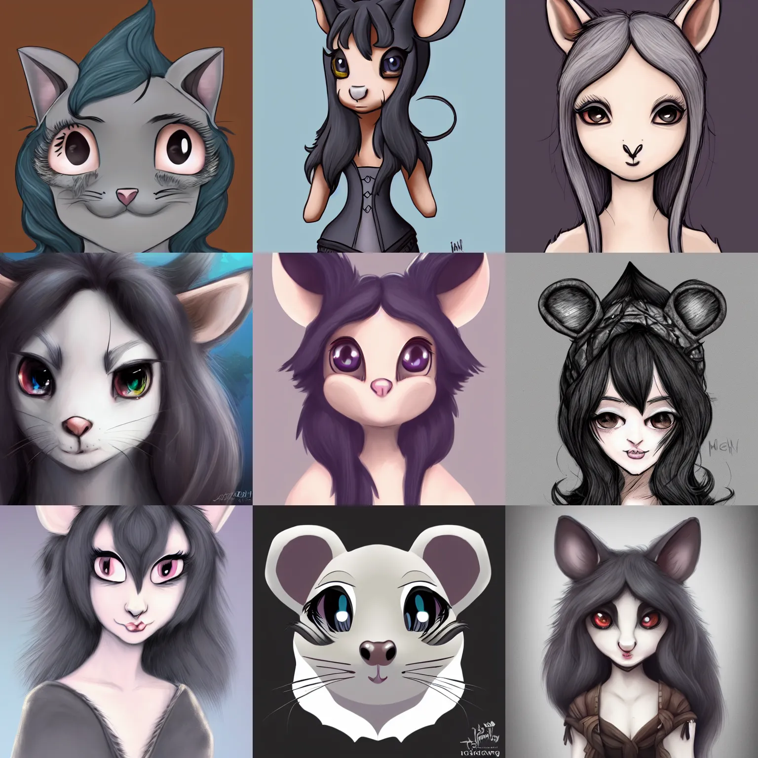 Prompt: 3/4 headshot of young female furry, D&D, cute, fantasy, intricate, long hair, grey skin, mouse face, mouse nose, mouse head, mouse ears, black hair, elegant, highly detailed, cartoony, artstation, concept art, smooth, sharp focus, illustration, art by Diives