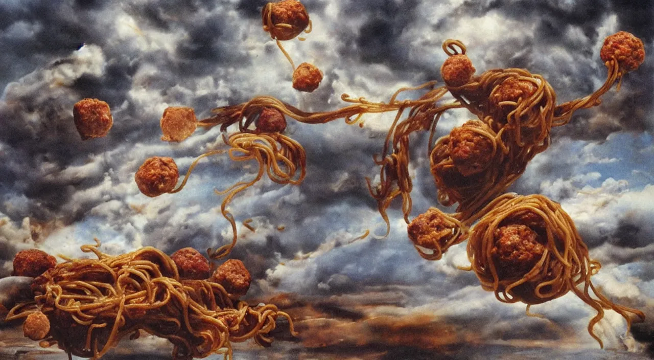 Prompt: 3 0 perfect woman bodies flying inside spaghetti bolognesa with meatballs and hundred rusted perfect woman bodies flying in stormy clouds by dali, hyper - realism