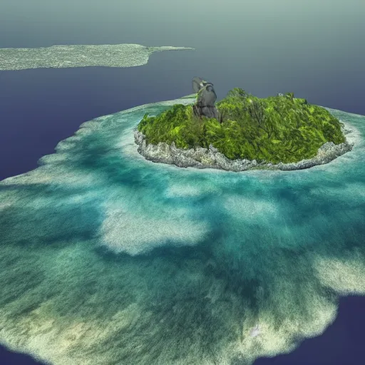 Image similar to a giant monster sitting on a small island in the ocean, aerial view, realistic lighting