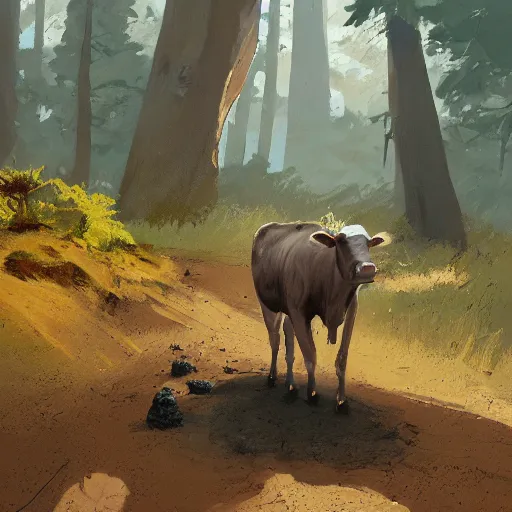 Image similar to closeup of a cow shit in the middle of the path, excrement, pinewoods, avila mountains. by craig mullins, steve purcell, ralph mcquarrie. trending on artstation. fashion, centered image