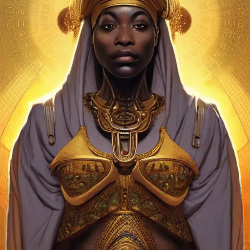 Image similar to symmetry!! an african moor wearing white robes and turban entering the voidspace. ornate, golden, steampunk stargate. front game card. marvel comics. dark. intricate. highly detailed. smooth. artstation. digital illustration by ruan jia, mandy jurgens, artgerm, wayne barlowe, greg rutkowski, and zdislaw beksinsk.