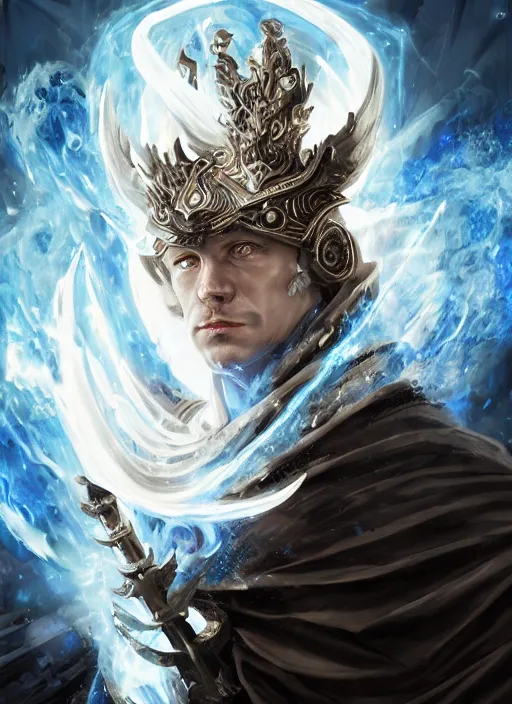 Image similar to high intricate middle aged blue eyed male priest with white baroque armor and black garment fighting a fire demon, maria panfilova, andrea savchenko, mike kime, ludovic plouffe, qi sheng luo, oliver cook, trending on artstation