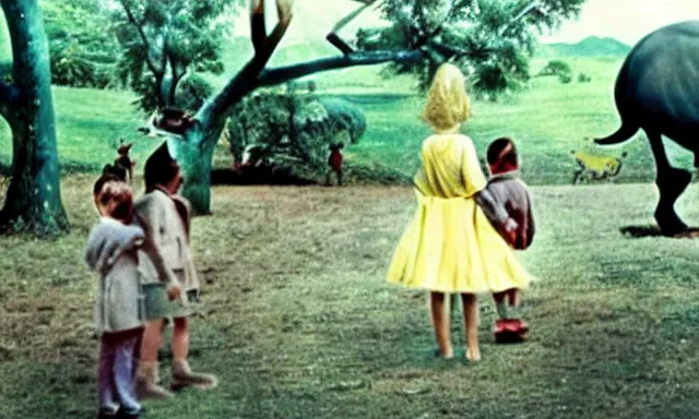 Prompt: full - color cinematic movie still from a 1 9 6 8 surreal film directed by salvador dali about children visiting a zoo. bizarre ; dream - like.