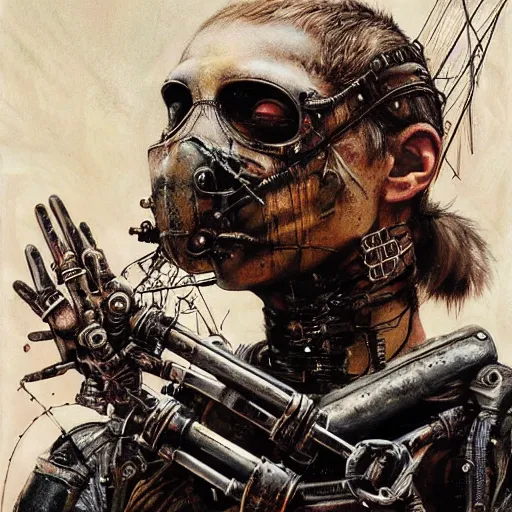 Image similar to mad max rockatansky fury road by brendan mccarthywires cybernetic implants, steelpunk, abandoned steelworks, grime and grunge, in the style of adrian ghenie, esao andrews, jenny saville,, surrealism, dark art by james jean, takato yamamoto