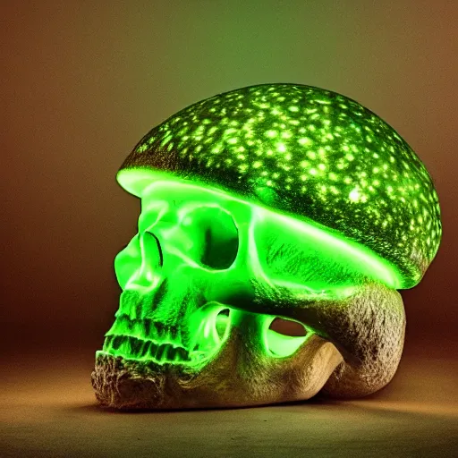 Prompt: Glowing green radioactive mushrooms are growing out of a skull, photo, dramatic lighting