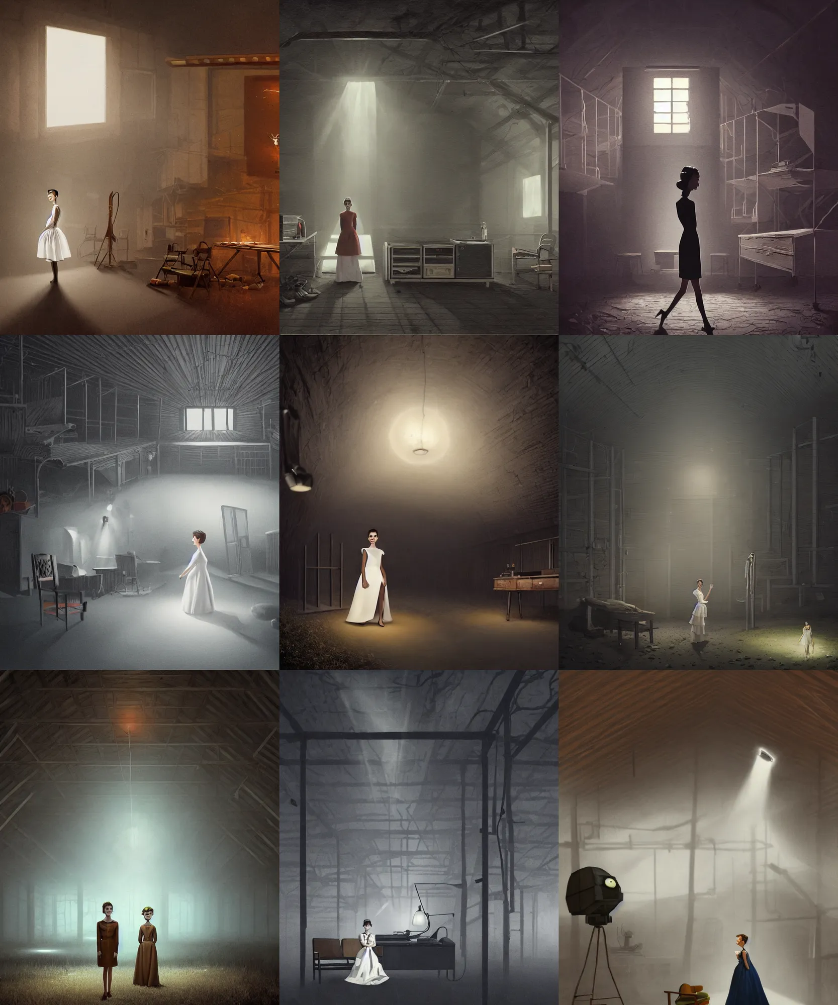 Prompt: simon stalenhag. composition : medium shot. style : digital art ; studio lighting ; mysterious ; 4 k. scenery : the inside of a dark barn filled with furniture. subject : audrey hepburn ; wearing a white dress ; her amber eyes shine in the darkness. action : hiding behind a beam.