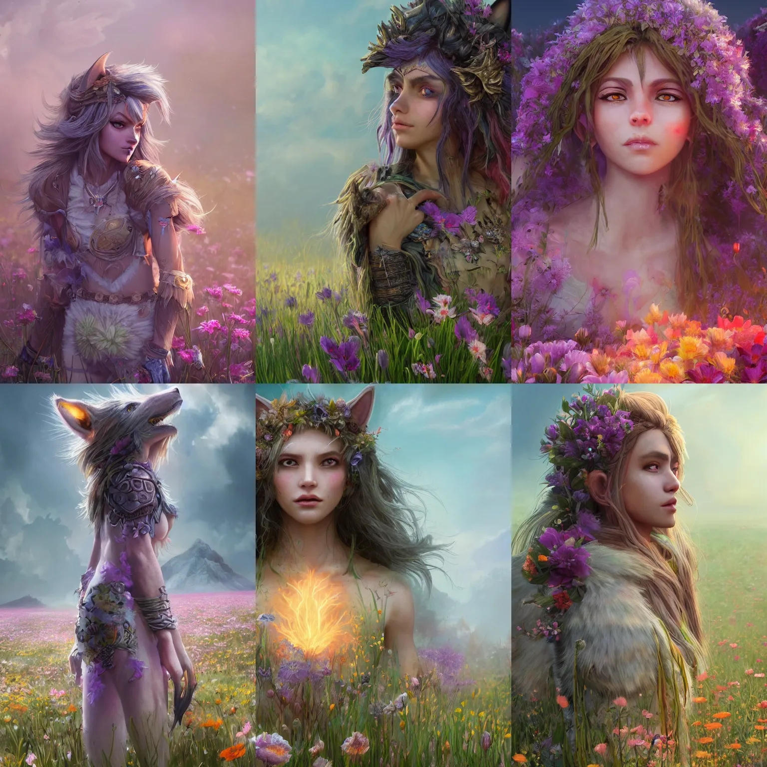 Prompt: A high fantasy wolf girl standing in the middle of the field of flowers, by Eddie Mendoza and Victor Nizovtsev, face close up, official media, beautiful, detailed, high quality, wallpaper 4K, epic, trending on artstation and behance, dynamic lightning