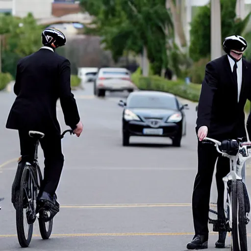 Image similar to two mormon missionaries, on bikes, with crow heads, black suits white shirts, crow heads, heads look like crows