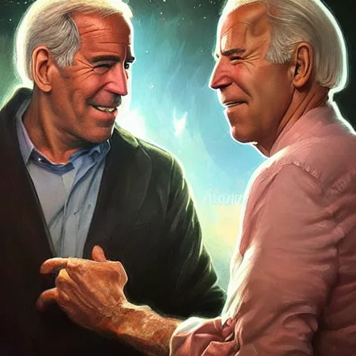 Image similar to Beautiful face Portrait of Jeffrey Epstein and Joe Biden drinking together, powerful , magic, thunders, dramatic lighting, intricate, wild, highly detailed, digital painting, artstation, concept art, smooth, sharp focus, illustration, art by artgerm and greg rutkowski and alphonse mucha, footage from space camera