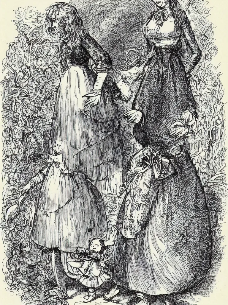 Image similar to Tenniel illustration portrait of Alice, walking in wonderland