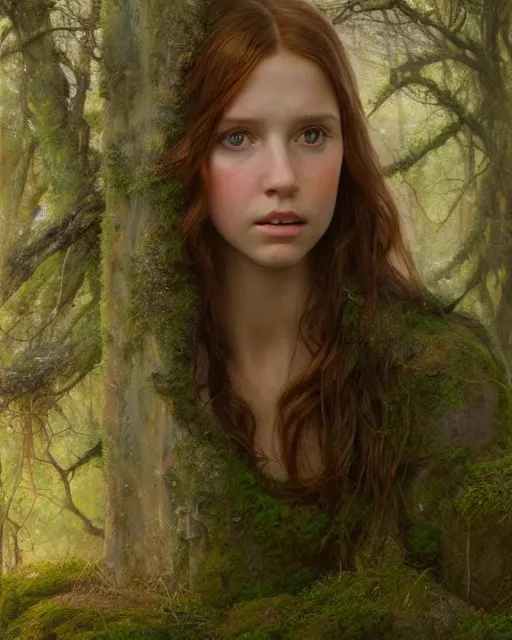 Image similar to a well - lit, realistic oil painting emotive portrait of a girl resembling a young, shy, redheaded irish alicia vikander or millie bobby brown in moss - covered ancient stone ruins at sunset, highly detailed, intricate, concept art, artstation, by donato giancola, ron cobb, and artgerm