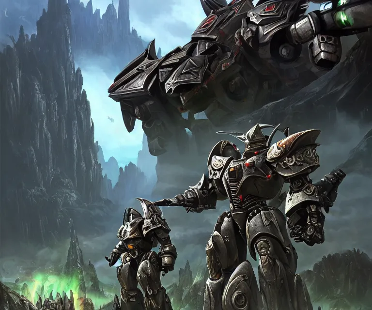 Image similar to stylistic vray 3 d render of sidescrolling shooter robotech warhammer, silver ornate armor warrior, green orcs surrounding him, mountains and giant gothic abbeys in the background!!!, hyperrealism, fine detail, 8 k, artsation contest winner, fantasy art, brush strokes, oil, canvas, by mandy jurgens and michael whelan