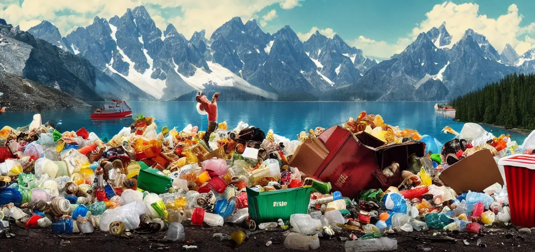 Prompt: a very high resolution image from a new movie. mountains, lake, garbage plastic, fast food, photorealistic, photography, directed by wes anderson