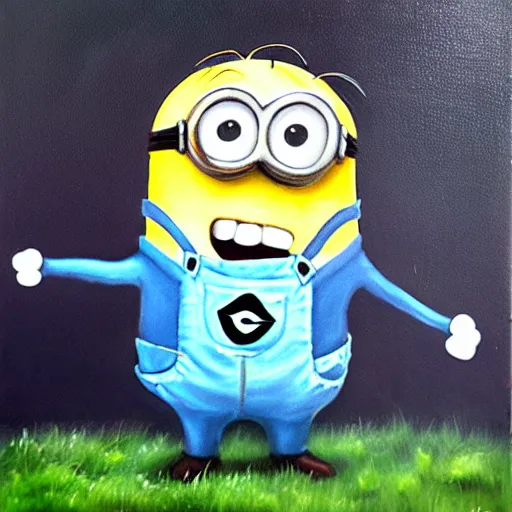 Image similar to minion after he accidentally ate his older brothers special brownie, oil painting
