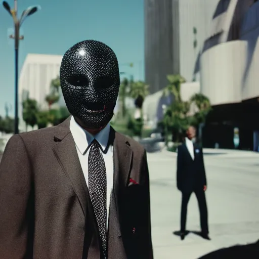 Image similar to sharp portrait of a man in a suit with a face made of black shiny leather standing in los angeles, blured zombies on a background, bokeh, detailed, film photography, kodak portra 4 0 0, mamiya,