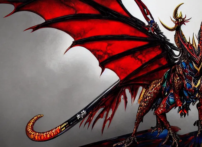 Prompt: A winged dragon with ornate red and gold scales, blue eyes. In style of Yoji Shinkawa and Hyung-tae Kim, trending on ArtStation, dark fantasy, great composition, concept art, highly detailed.