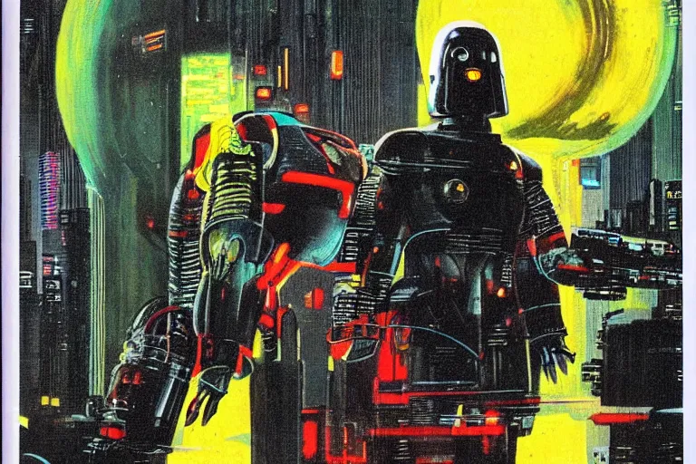 Image similar to 1979 OMNI Magazine Cover depicting a creepy angry imposing Android. Cyberpunk Akira style by Vincent Di Fate