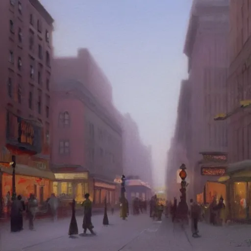 Prompt: a matte painting of nyc streets of soho in year 2 0 1 8, matte painting, dusk, fashion, by rozalski and peter ilsted, artstation