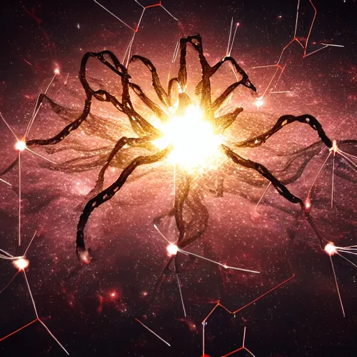 Image similar to army of interconnected neurons made of steel in space with hubble background, amazing, fire, splash, vray, 5 5 mm