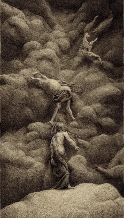 Image similar to ! dream the fool, tarot, a man walking off of a cliff, small dog at his feet, black and white drawing, by agostino arrivabene