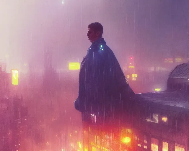 Image similar to 2 0 1 8 blade runner movie still man look at the cityscape from roof perfect face fine realistic face pretty face neon puffy jacket blue futuristic sci - fi elegant by denis villeneuve tom anders zorn hans dragan bibin thoma greg rutkowski ismail inceoglu illustrated sand storm alphonse mucha