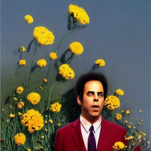 Image similar to Seinfeld made out of flowers, surreal landscaping in the background, portrait by Esao Andrews, concept art, existential horror, 4k HD, trending on ArtStation episode