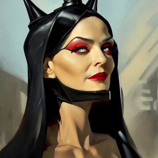 Image similar to greg manchess portrait painting of partially armored morticia from addams family as overwatch character, medium shot, asymmetrical, profile picture, organic painting, sunny day, matte painting, bold shapes, hard edges, street art, trending on artstation, by huang guangjian and gil elvgren and greg rutkowski