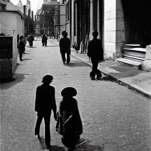 Prompt: a photo of a couple walk along street take by HENRI CARTIER-BRESSON.