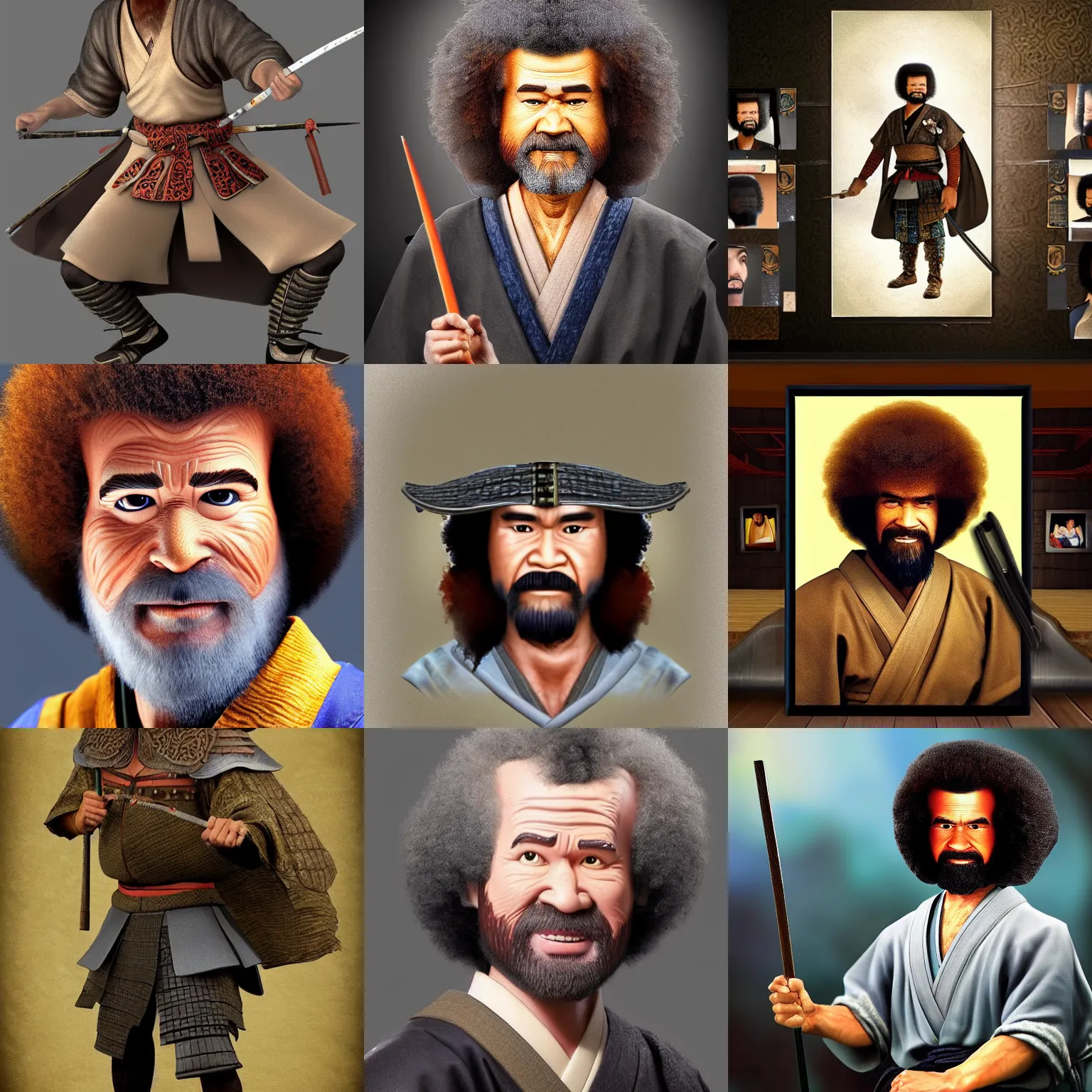 Prompt: full body shot Samurai Bob Ross realistic detailed photo portrait